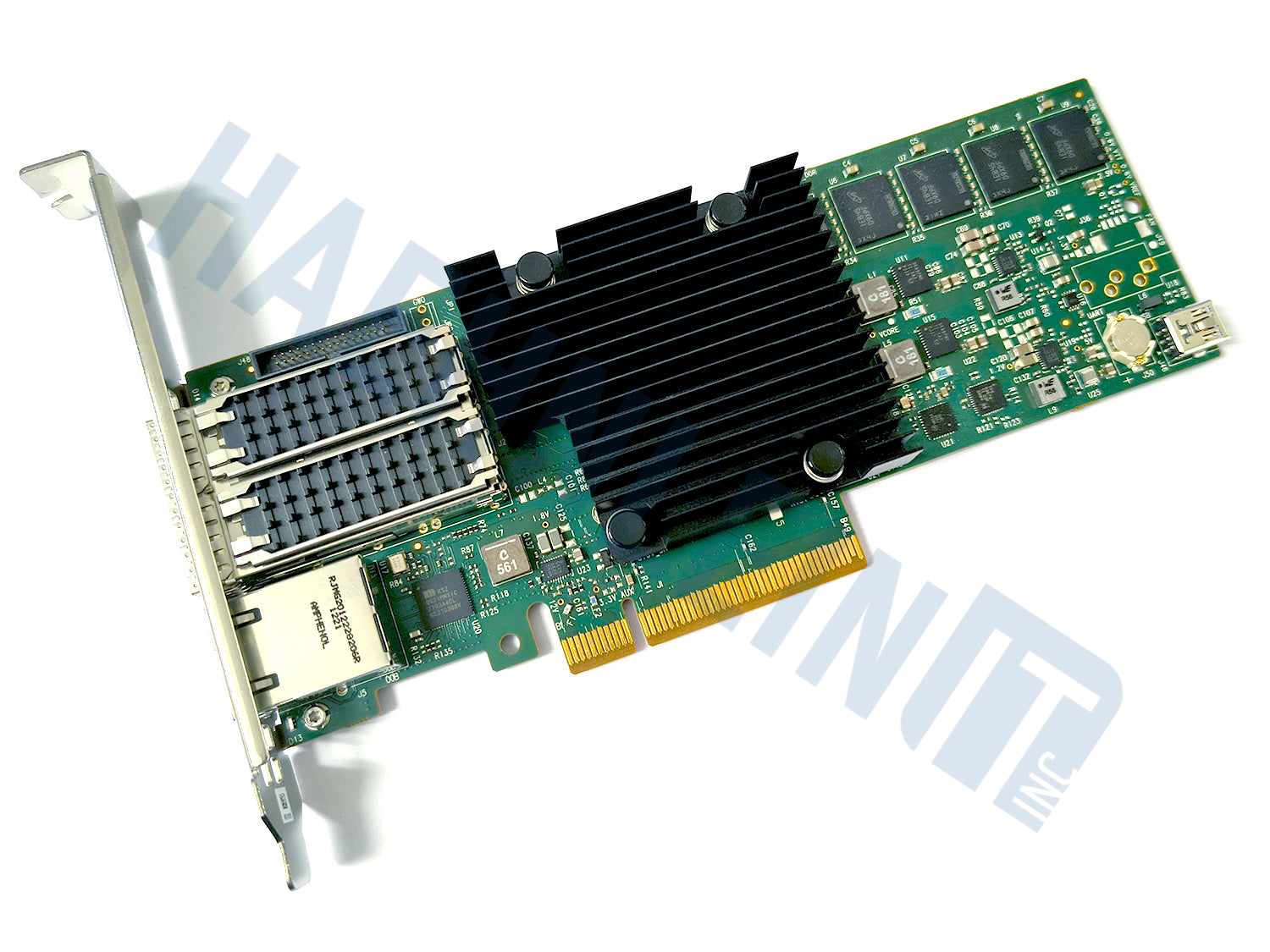 A NVIDIA Mellanox MBF2H332A-AECOT PCIe DPU SmartNIC with a green PCB, a large black heatsink, dual SFP56 ports, and a full height slot bracket, shown on a white background with a faint HaehnleinIT Inc. watermark.