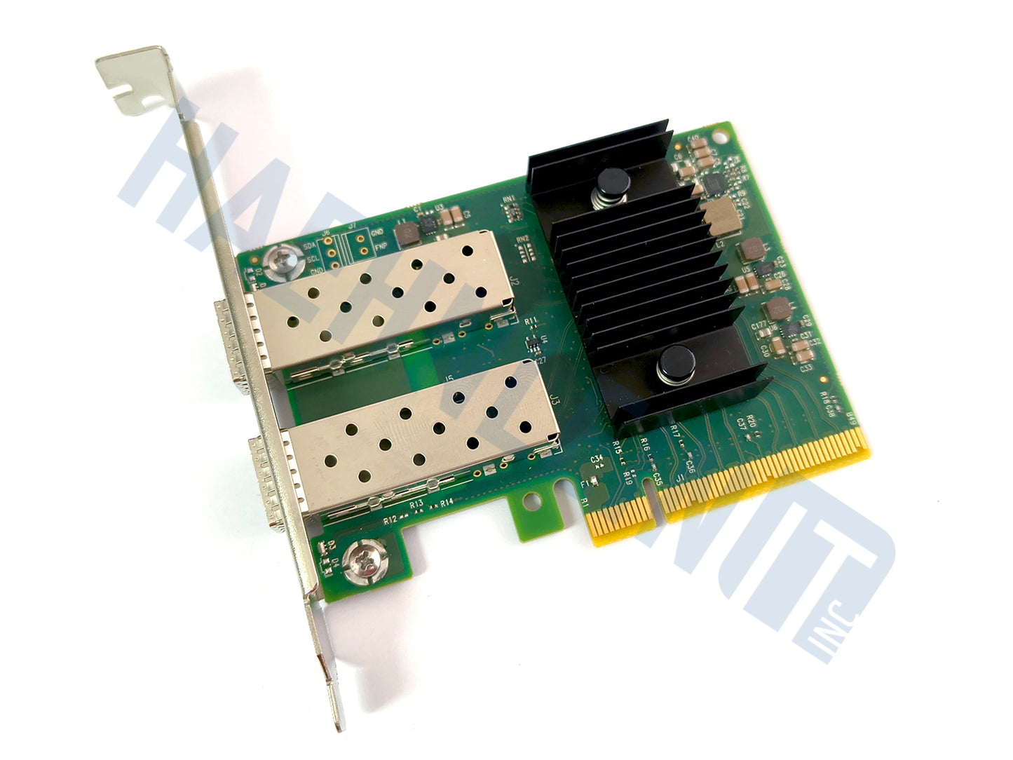 A green OEM Mellanox MCX631102 PCI Express network card with two silver SFP28 ports, a black heatsink, and a gold PCI connector, shown with a full height metal bracket on a white background and a faint HaehnleinIT Inc watermark.