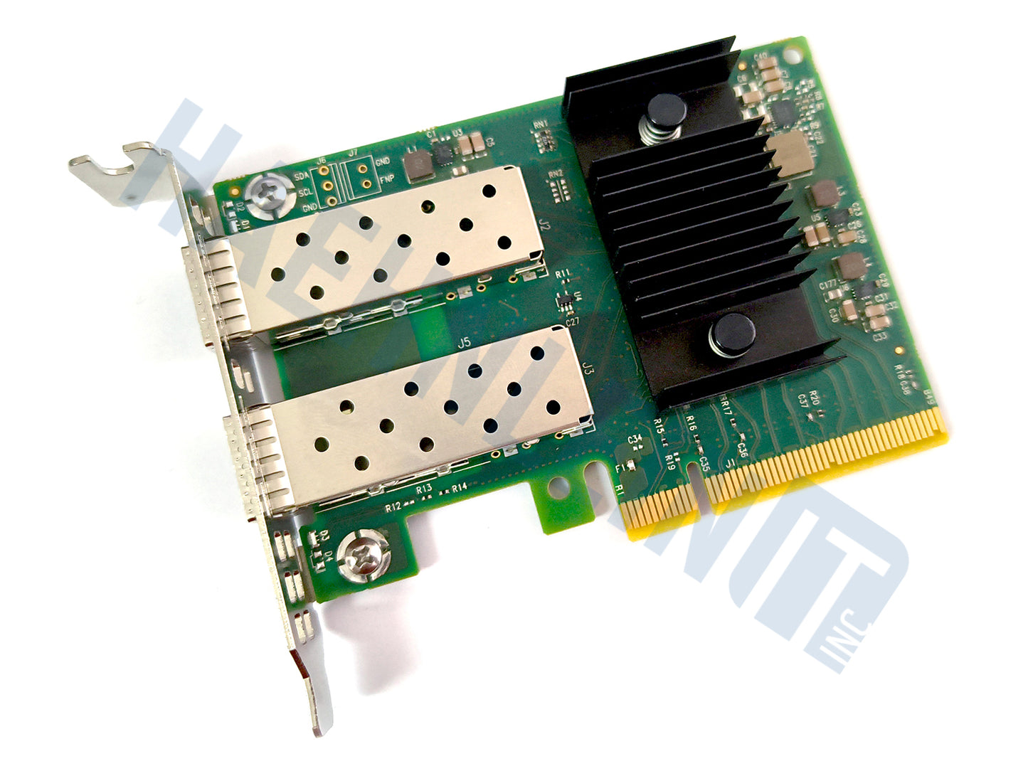 A green OEM Mellanox MCX631102 PCI Express network card with two silver SFP28 ports, a black heatsink, and a gold PCI connector, shown with a low profile metal bracket on a white background and a faint HaehnleinIT Inc watermark.