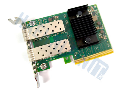 A green OEM Mellanox MCX631102 PCI Express network card with two silver SFP28 ports, a black heatsink, and a gold PCI connector, shown with a low profile metal bracket on a white background and a faint HaehnleinIT Inc watermark.