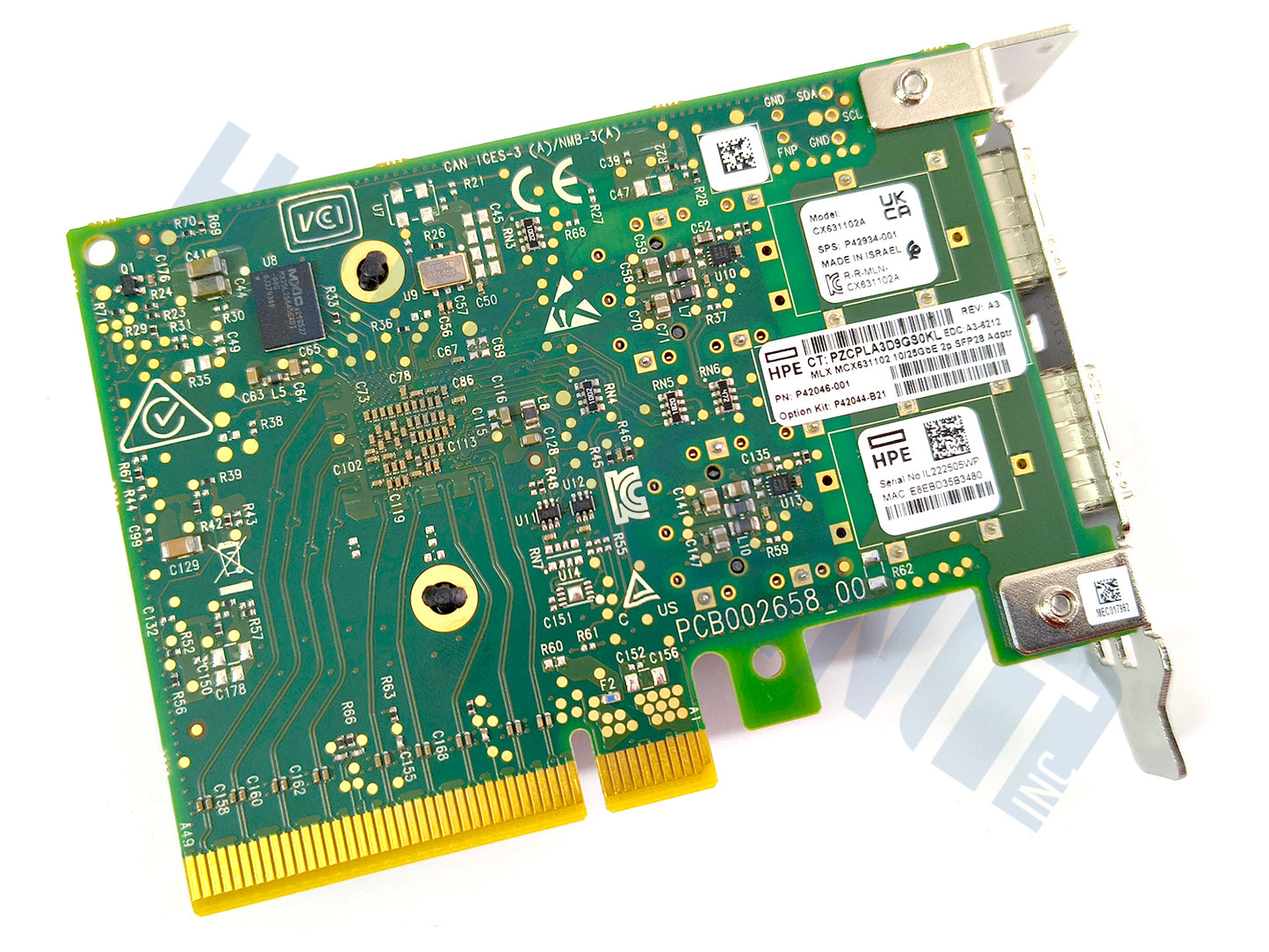 The backside of a green OEM Mellanox MCX631102 PCI Express network card with barcode labels and HPE brand, a gold PCI connector, shown with a low profile metal bracket on a white background and a faint HaehnleinIT Inc watermark.