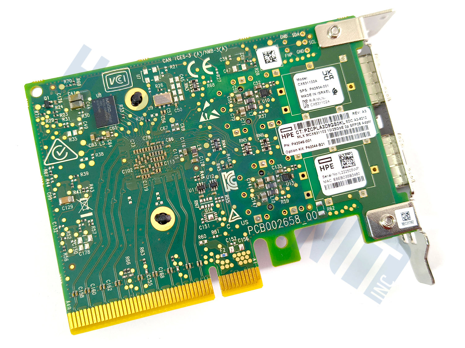 The backside of a green OEM Mellanox MCX631102 PCI Express network card with barcode labels and HPE brand, a gold PCI connector, shown with a low profile metal bracket on a white background and a faint HaehnleinIT Inc watermark.