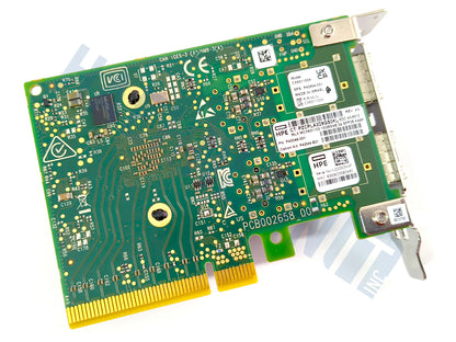 The backside of a green OEM Mellanox MCX631102 PCI Express network card with barcode labels and HPE brand, a gold PCI connector, shown with a low profile metal bracket on a white background and a faint HaehnleinIT Inc watermark.