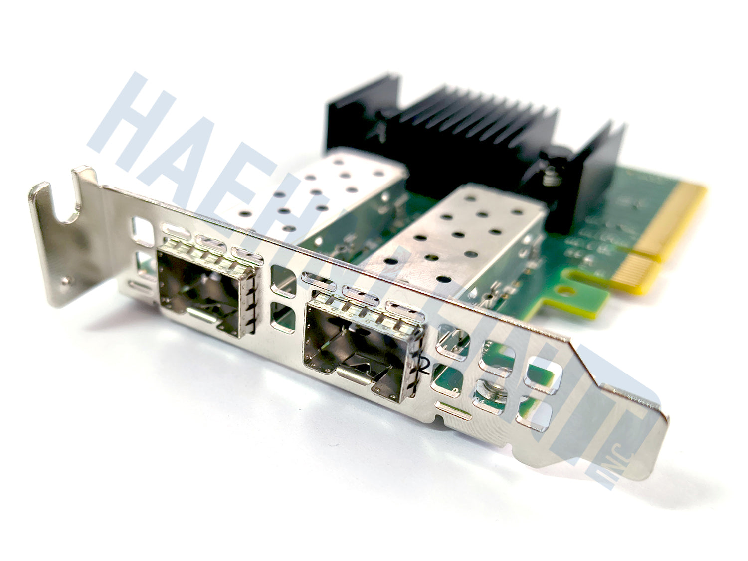 A green OEM Mellanox MCX631102 PCI Express network card, close-up of two silver SFP28 ports, shown with a low profile metal bracket on a white background and a faint HaehnleinIT Inc watermark.
