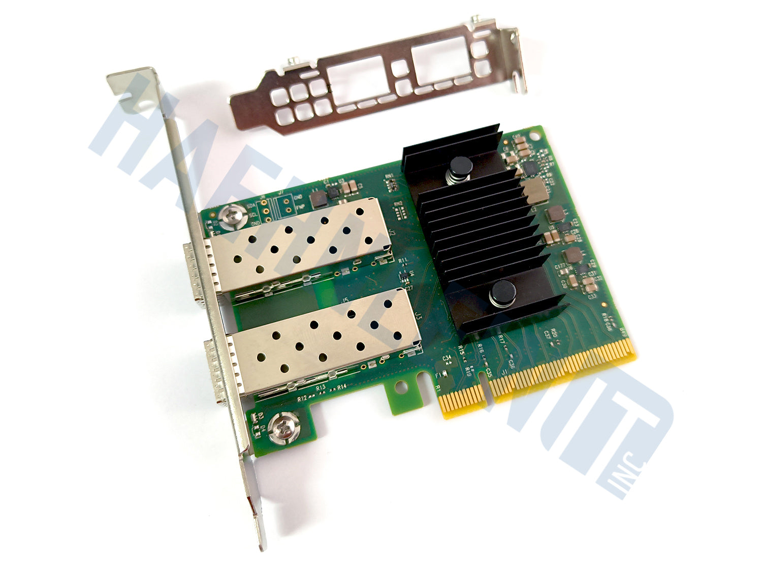 A green OEM Mellanox MCX631102 PCI Express network card with two silver SFP28 ports, a black heatsink, and a gold PCI connector, shown with a full height and a low profile metal bracket on a white background and a faint HaehnleinIT Inc watermark.