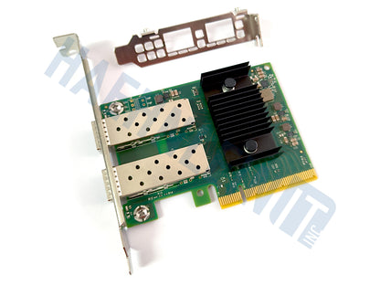 A green OEM Mellanox MCX631102 PCI Express network card with two silver SFP28 ports, a black heatsink, and a gold PCI connector, shown with a full height and a low profile metal bracket on a white background and a faint HaehnleinIT Inc watermark.