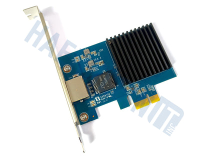 A blue Realtek RTL8172 PCI Express network card with a black heatsink, gold PCI-E connector, and silver full height metal bracket, shown on a white background with a HaehnleinIT Inc watermark.