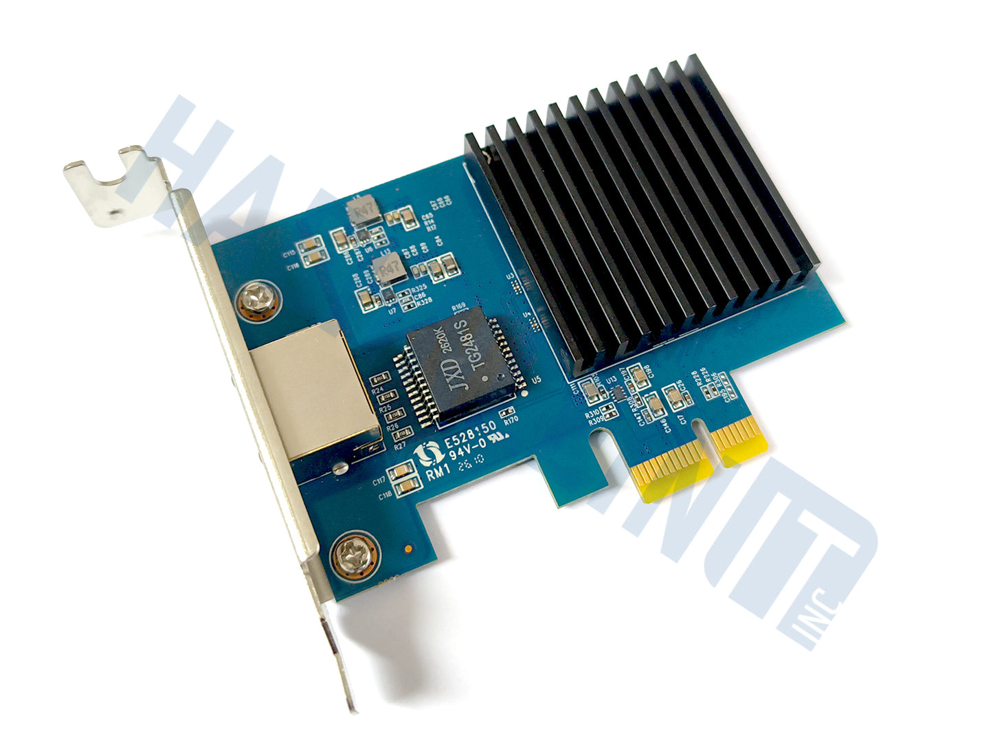 A blue Realtek RTL8172 PCI Express network card with a black heatsink, gold PCI-E connector, and silver low profile metal bracket, shown on a white background with a HaehnleinIT Inc watermark.