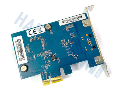 The backside of a blue Realtek RTL8172 PCI Express network card with gold PCI-E connector, and silver metal bracket, shown on a white background with a HaehnleinIT Inc watermark.