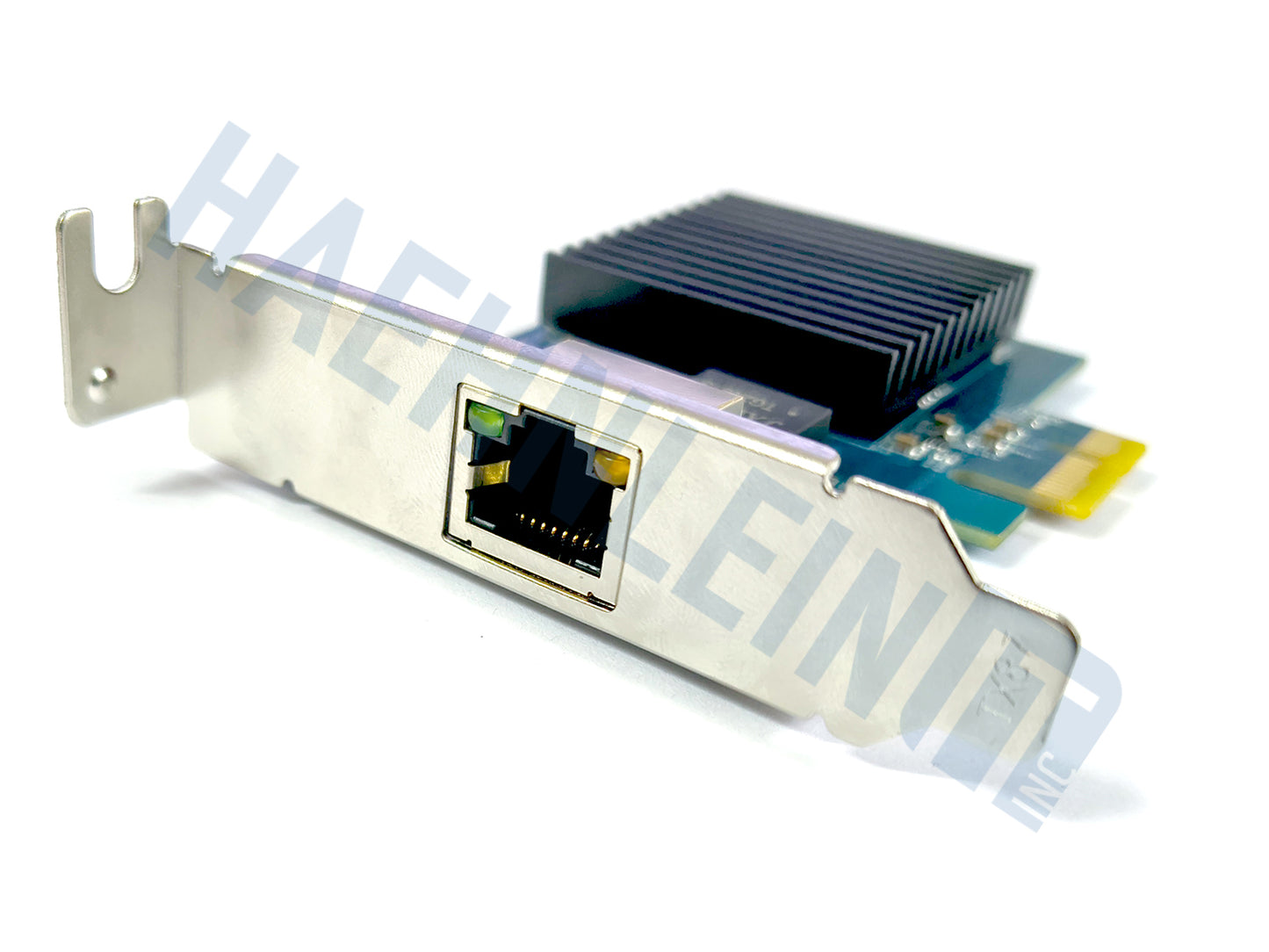 A blue Realtek RTL8172 PCI Express network card with a black heatsink, gold PCI-E connector, and silver metal bracket, close-up of the RJ45 port, shown on a white background with a HaehnleinIT Inc watermark.