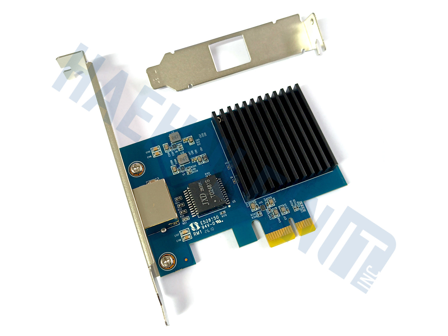 A blue Realtek RTL8172 PCI Express network card with a black heatsink, gold PCI-E connector, and silver metal bracket, shown on a white background with a HaehnleinIT Inc watermark.